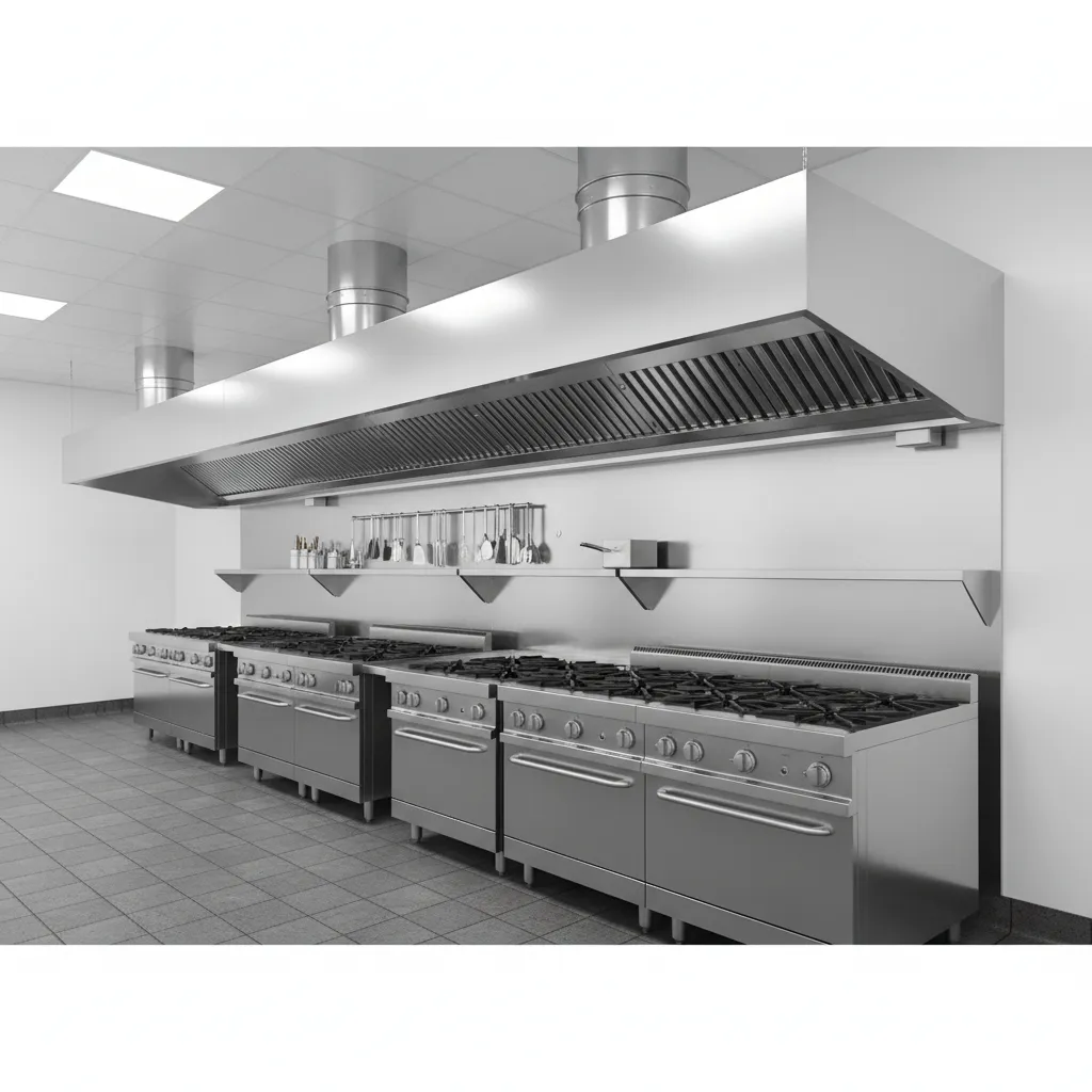 Large stainless steel commercial kitchen ventilation hood system above cooking equipment