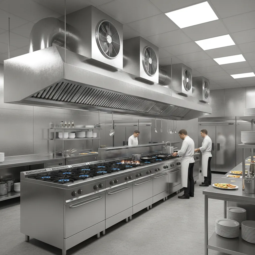 large commercial kitchen ventilation hood and cooking equipment setup