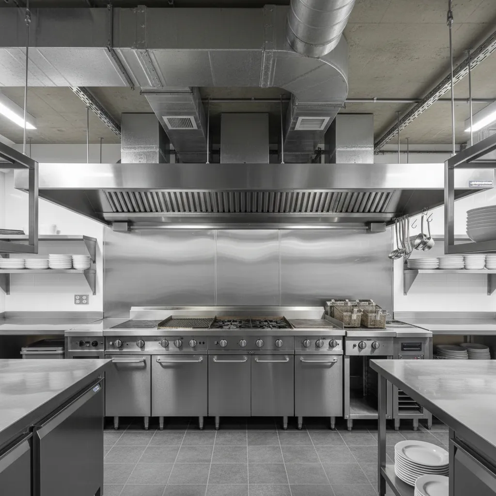 restaurant kitchen ventilation hood and stainless cooking line