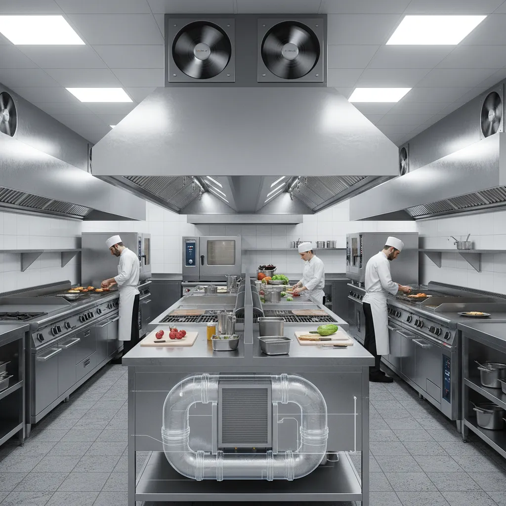 Commercial kitchen with wall mounted fan improving air circulation