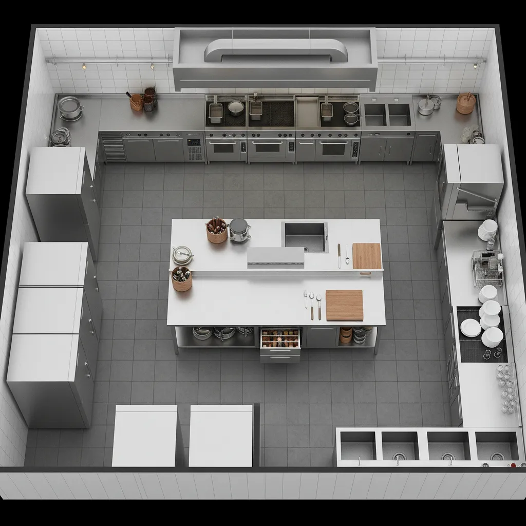 commercial kitchen workflow layout showing cooking line prep and dishwashing zones