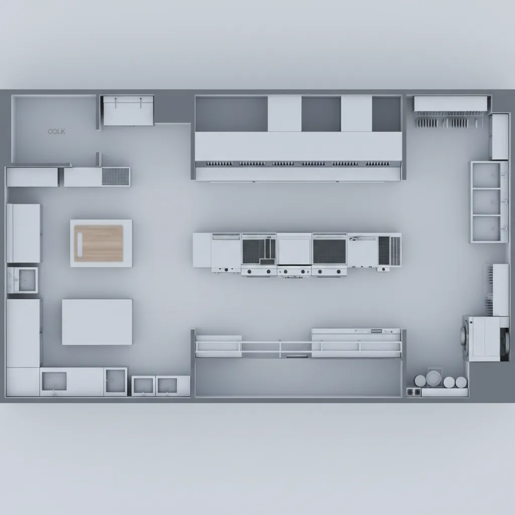 top down diagram style view of commercial kitchen workflow zones