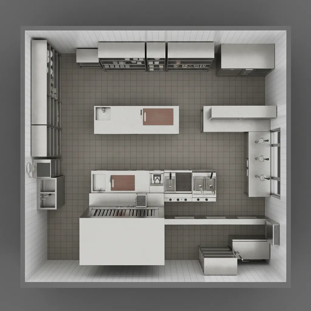 commercial kitchen workflow layout showing prep cooking and service zones
