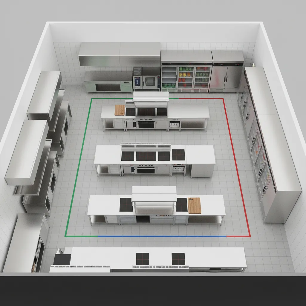 commercial kitchen layout showing cooking line prep stations and workflow zones