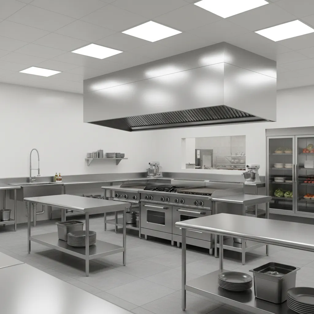 commercial kitchen workflow zones showing prep cooking and storage areas
