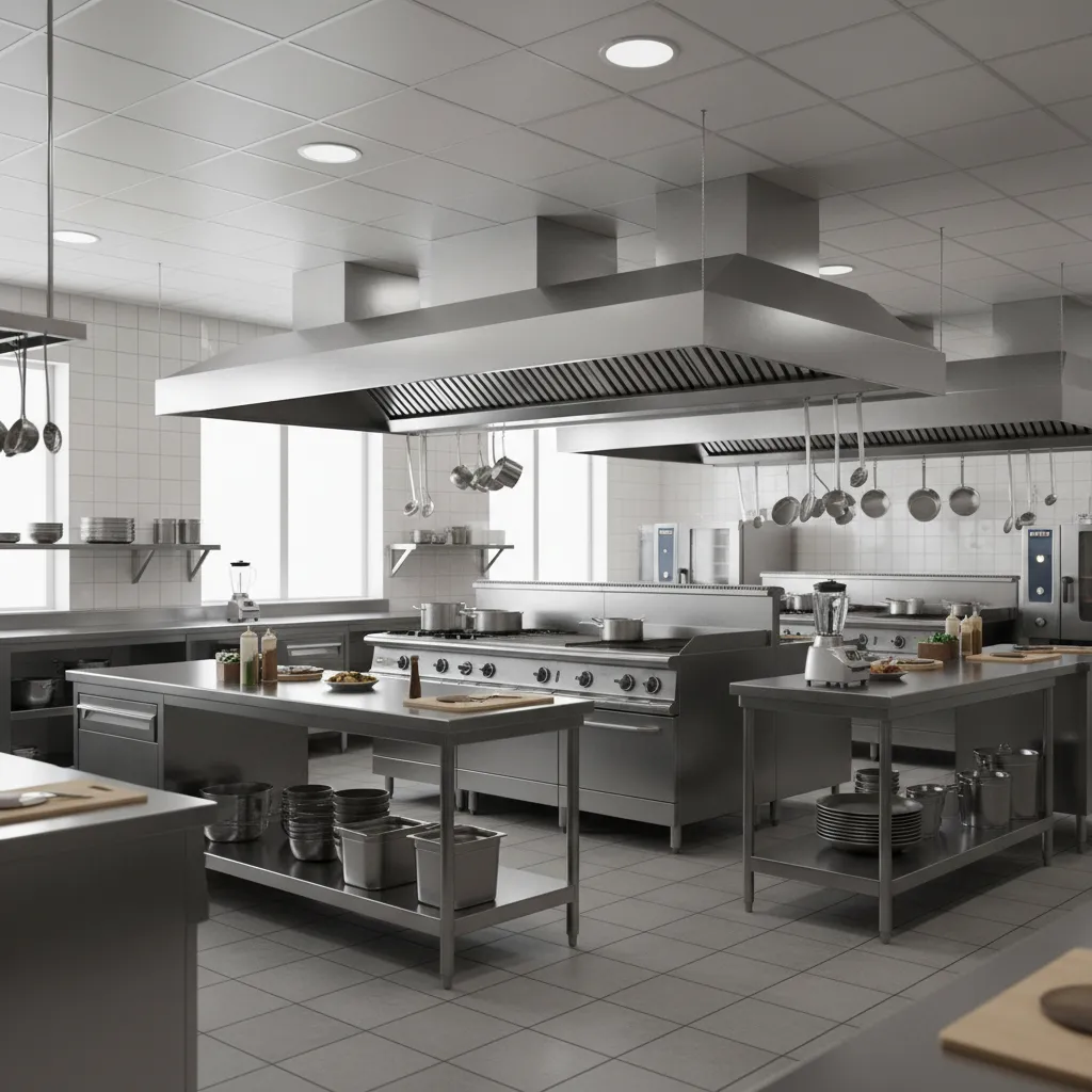 professional restaurant kitchen workspace with stainless counters and equipment