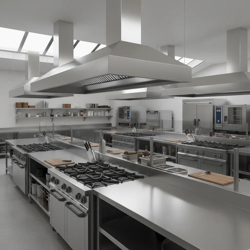 Commercial kitchen cooking and prep stations in a restaurant