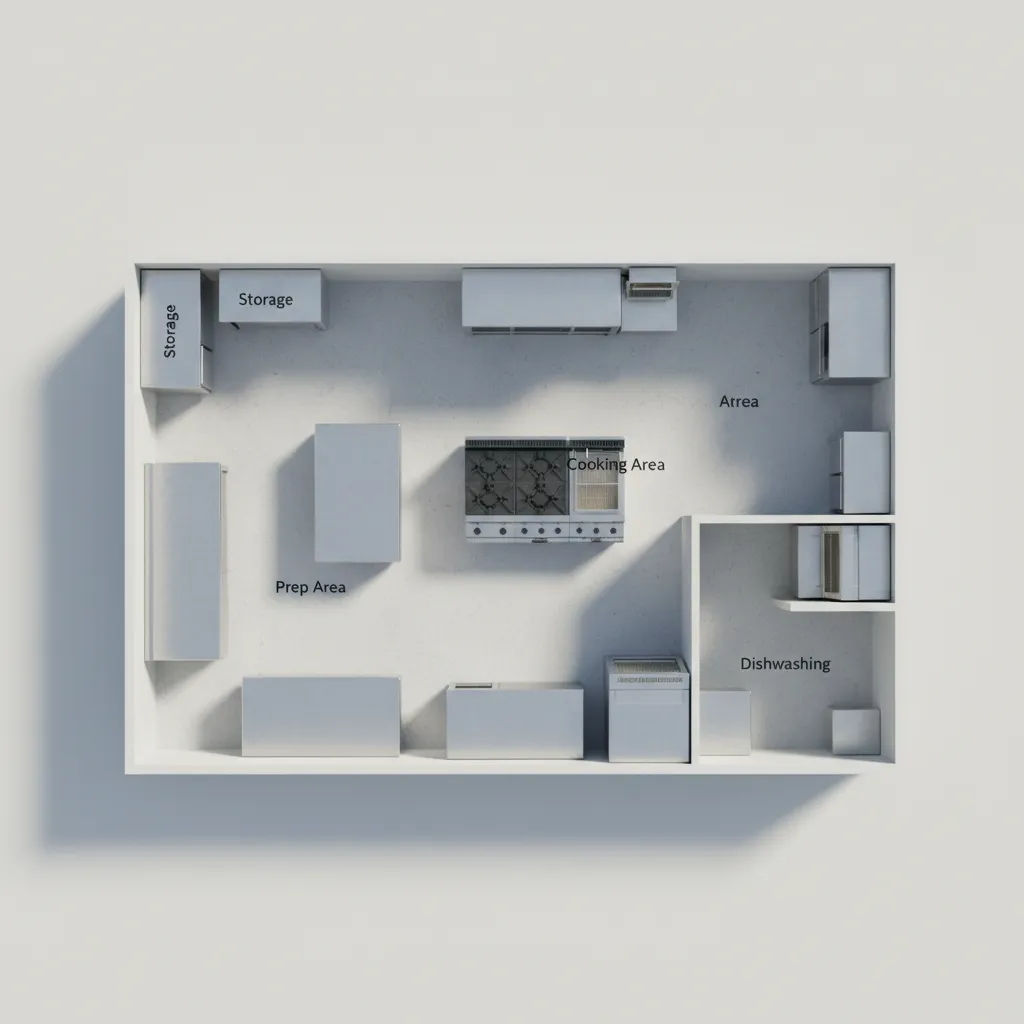 commercial kitchen zone layout diagram with labeled prep cooking cleaning areas