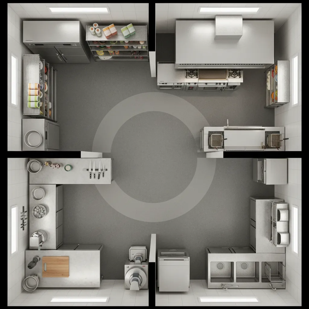 visual layout showing storage prep cooking and cleaning zones in a small commercial kitchen