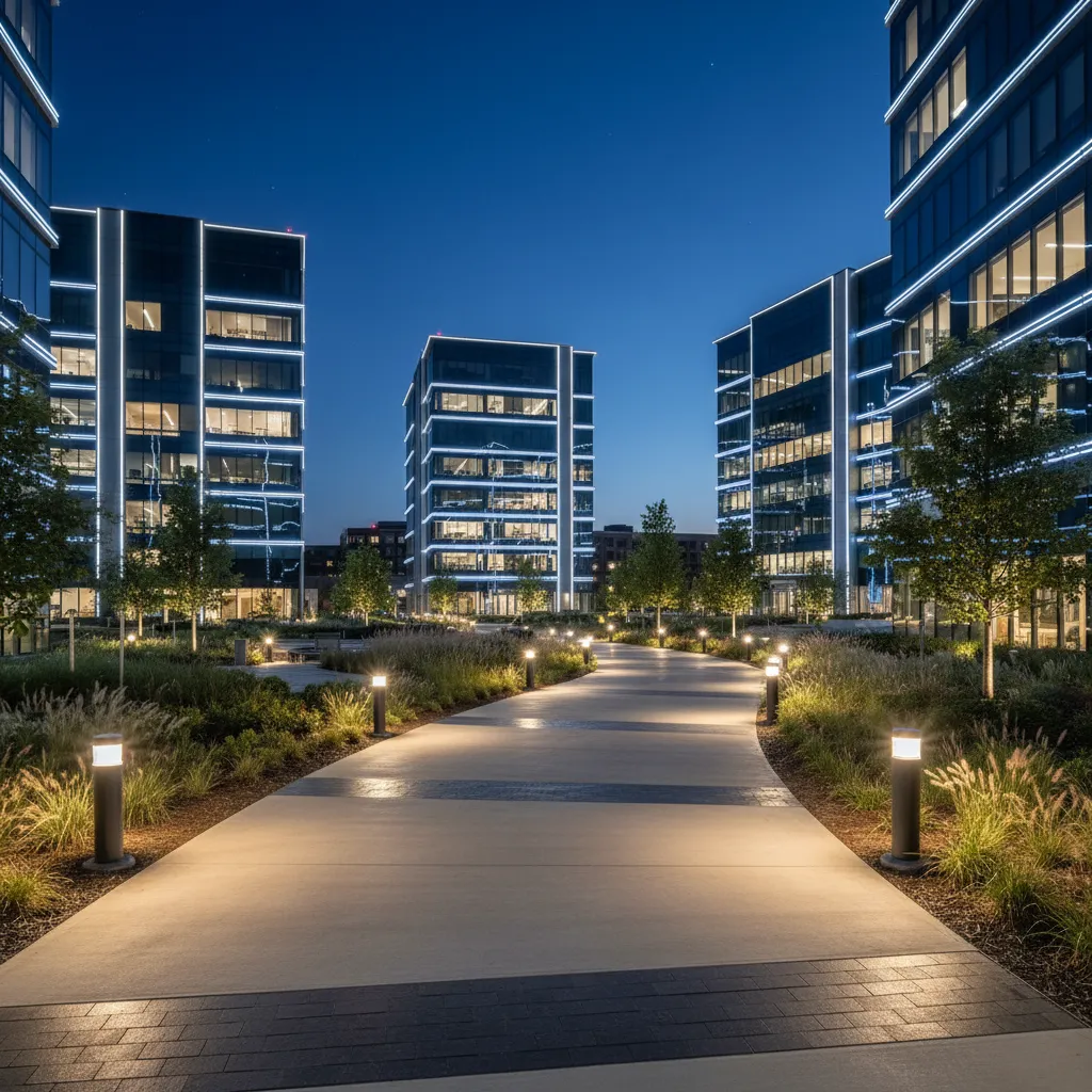 Commercial outdoor walkway with dense pathway lighting and building facade lights