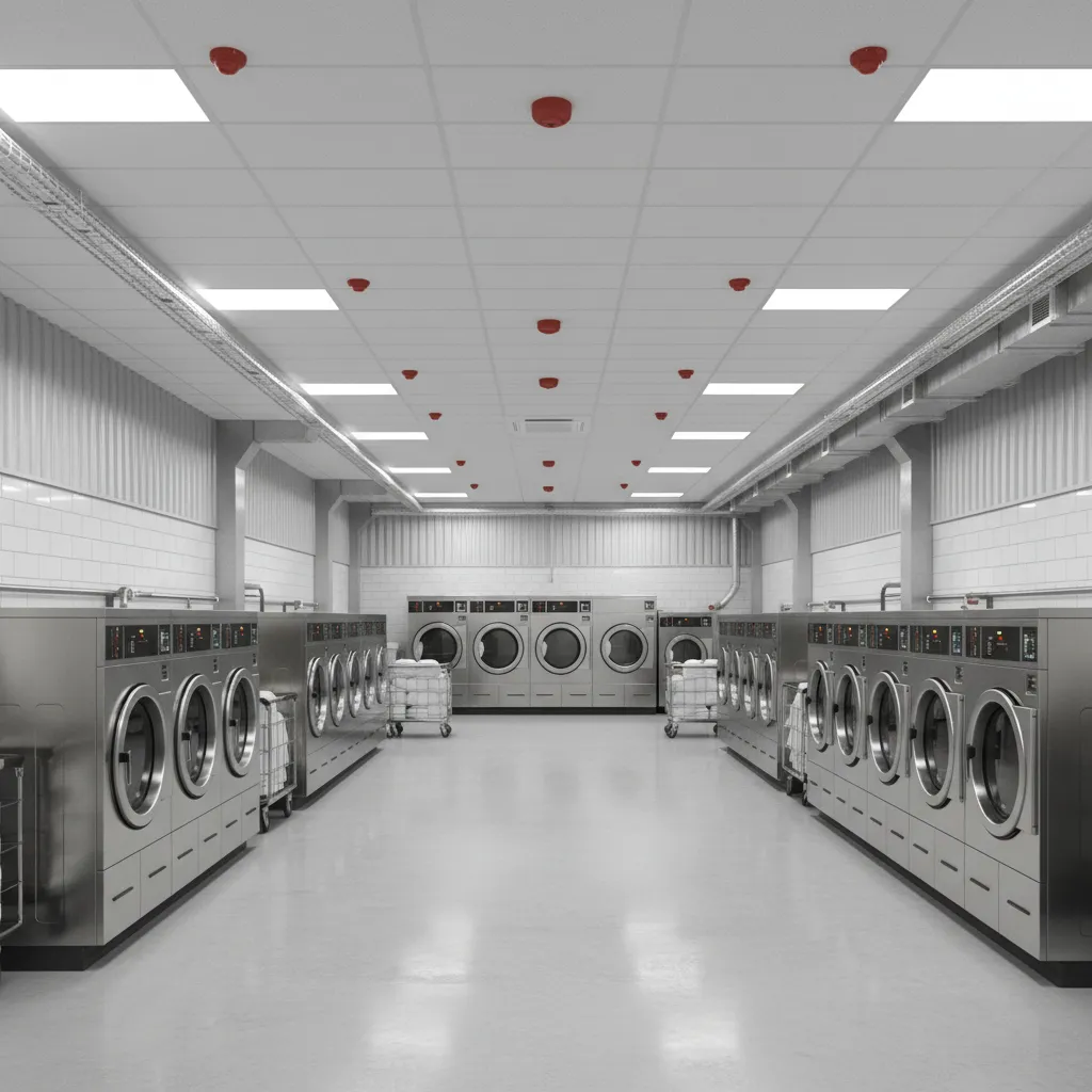Large commercial laundry facility with multiple dryers and ceiling heat detectors