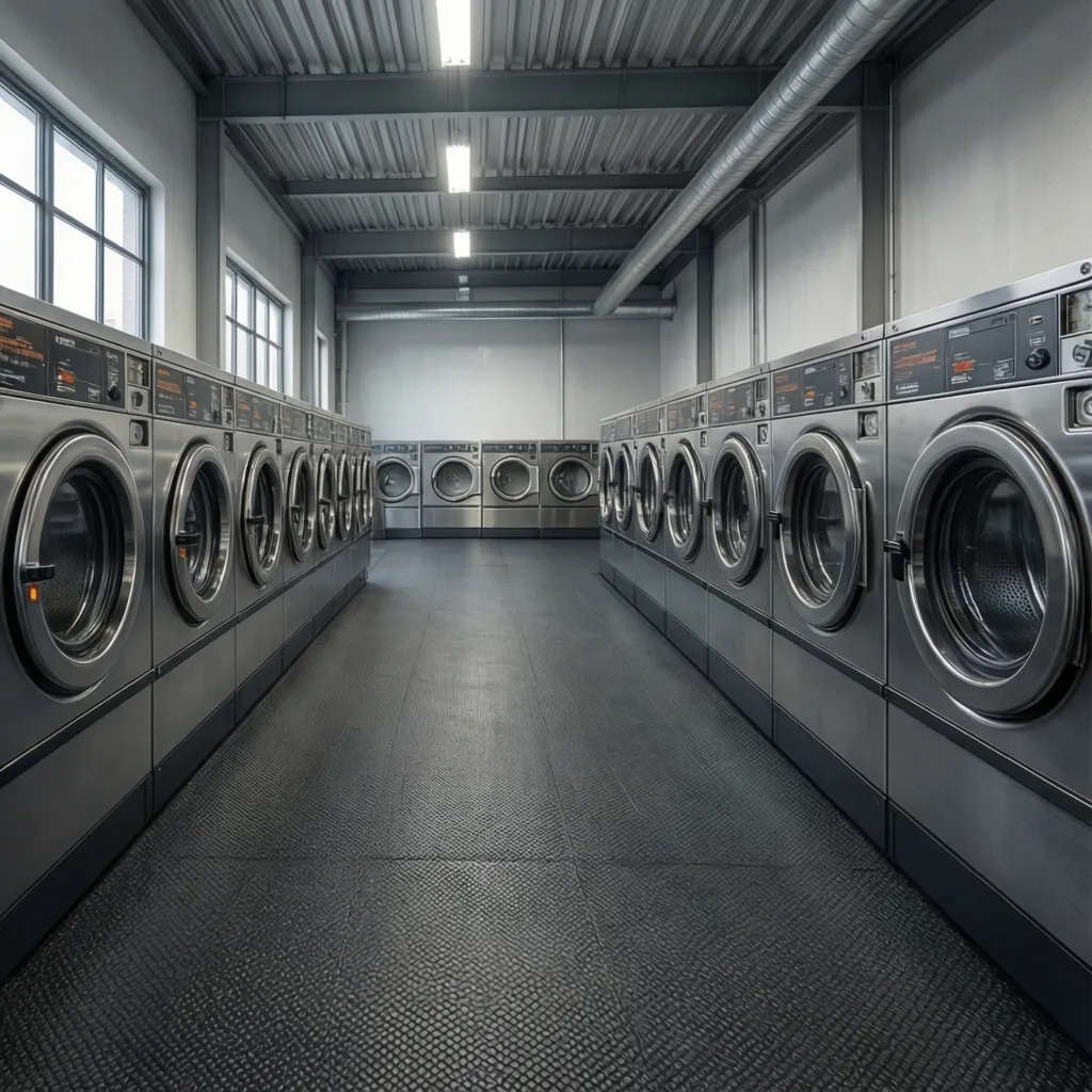 Layout of washing machines on durable rubber flooring in commercial facility