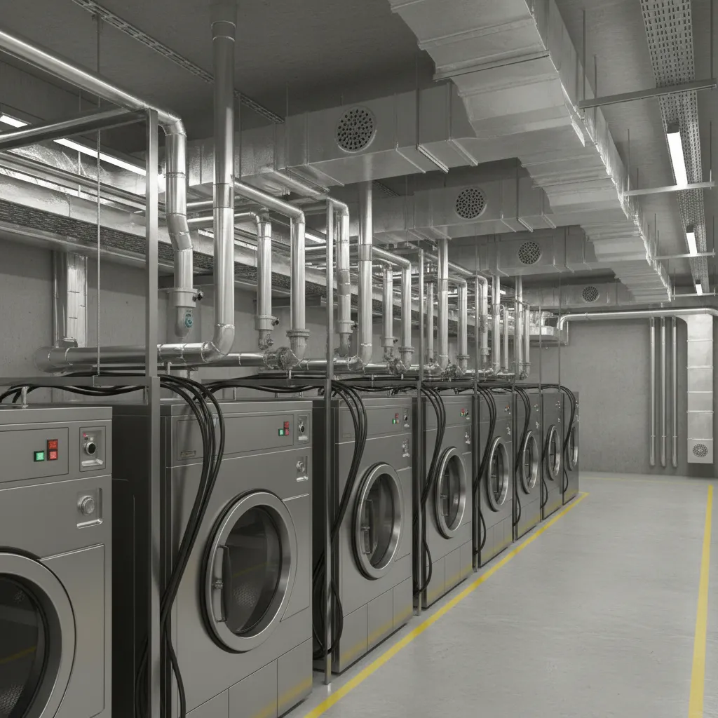 maintenance access area behind commercial laundry machines