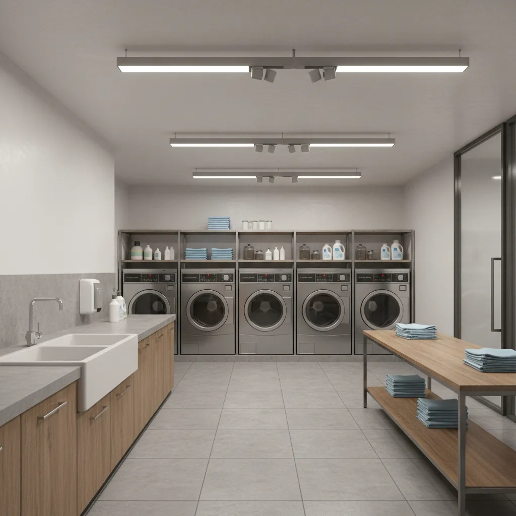 commercial laundry workspace layout with ceramic utility sink