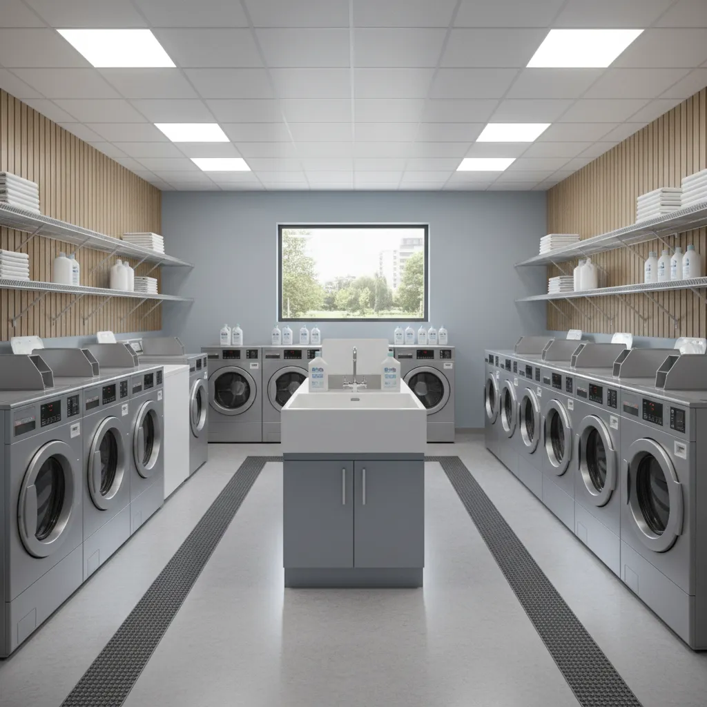 commercial laundry room layout with utility sink installation
