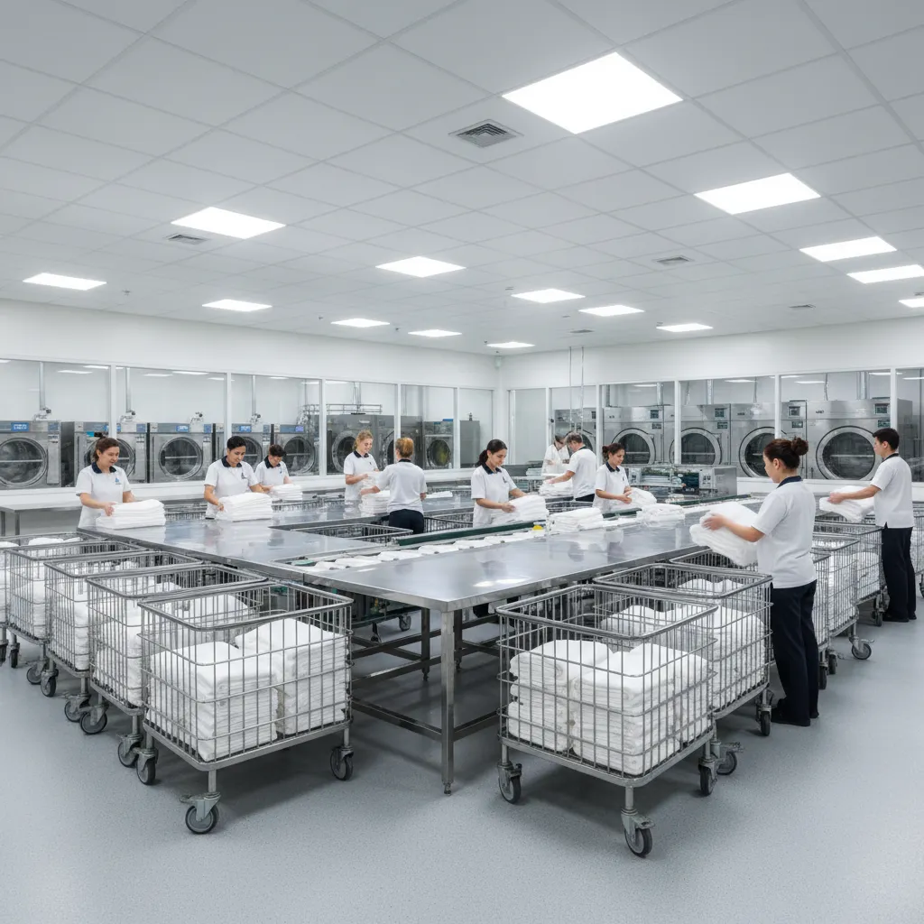 Laundry staff sorting hotel linens in a commercial laundry workflow area