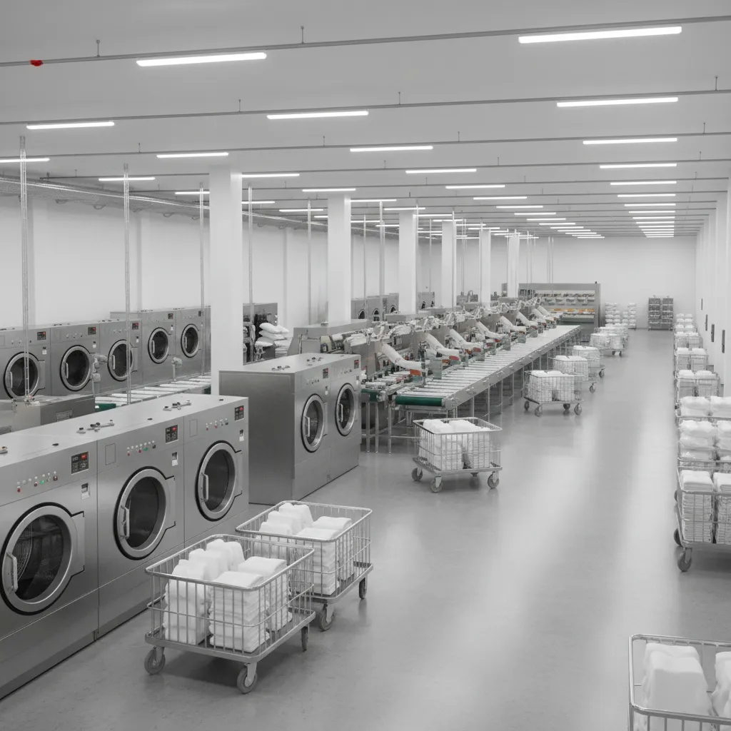 industrial laundry facility workflow zones with washing drying and folding stations