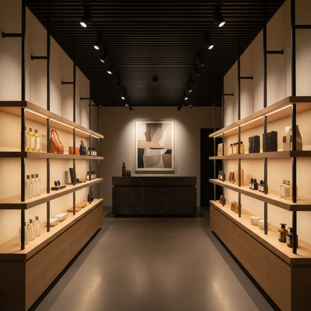 Iluminación focal destacando productos en una tienda moderna