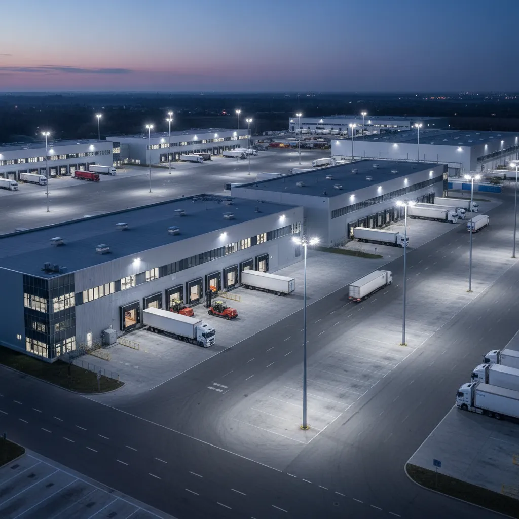 energy efficient LED outdoor lighting system illuminating an industrial logistics yard