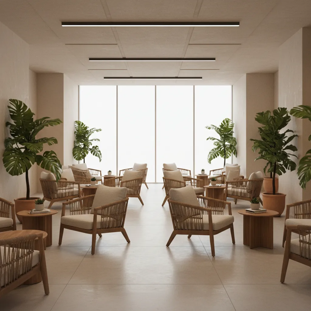 Commercial lounge interior with rope woven chairs and teak tables