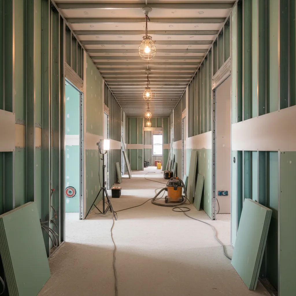 Hotel corridor construction using moisture resistant drywall panels