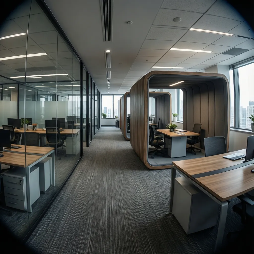 modern commercial office interior design concept with open workspace and meeting areas