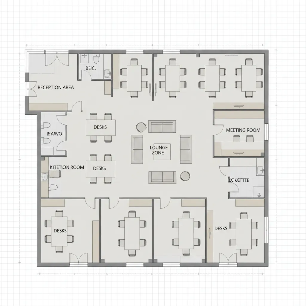 digital office floor plan layout with desks meeting rooms and circulation paths