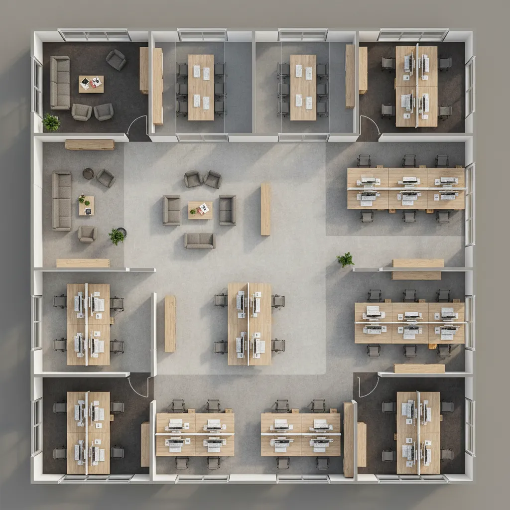3D visualization of commercial office floor plan layout showing zones and circulation