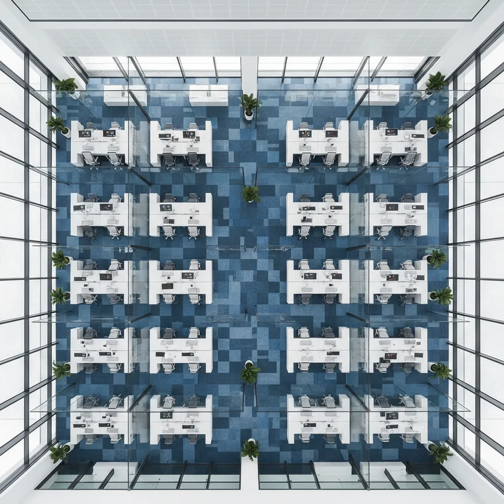 Large commercial office interior layout with workstations partitions and quantity planning