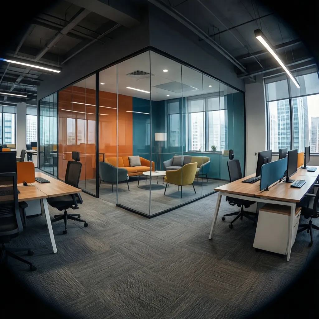 Modern commercial office interior with open workspace and collaborative zones