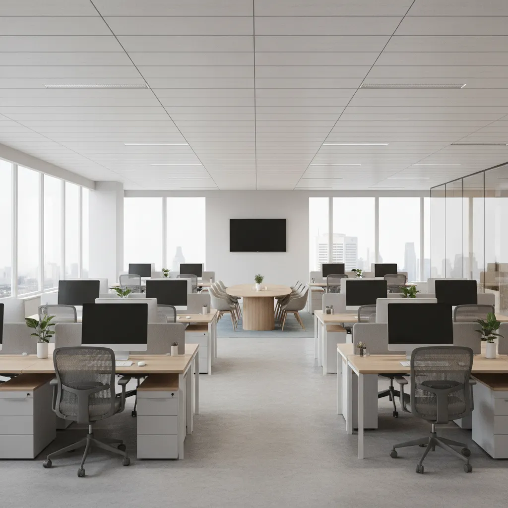Modern commercial office interior with workstations and collaborative layout planning