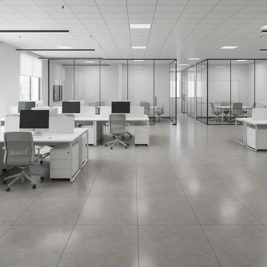Corporate office interior with vitrified tile flooring and clean grid layout