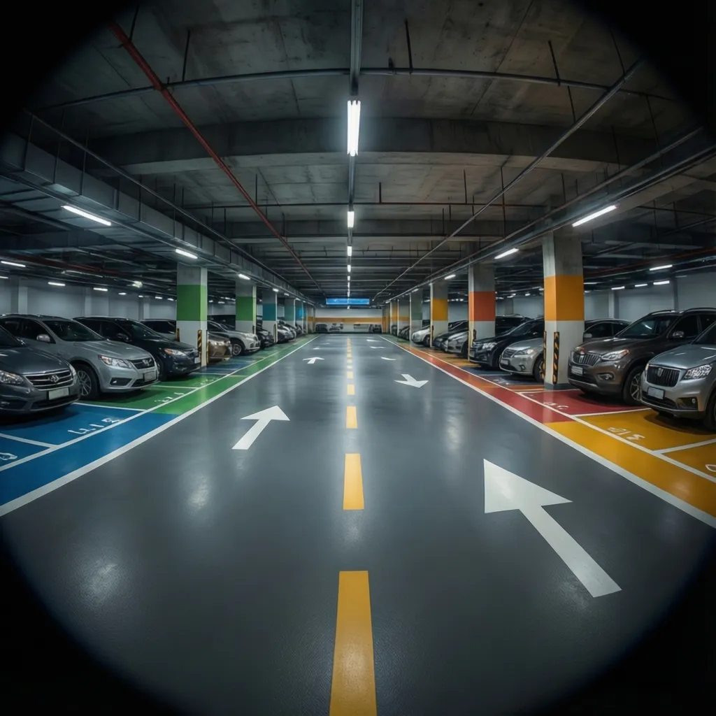large commercial underground parking garage with directional signage