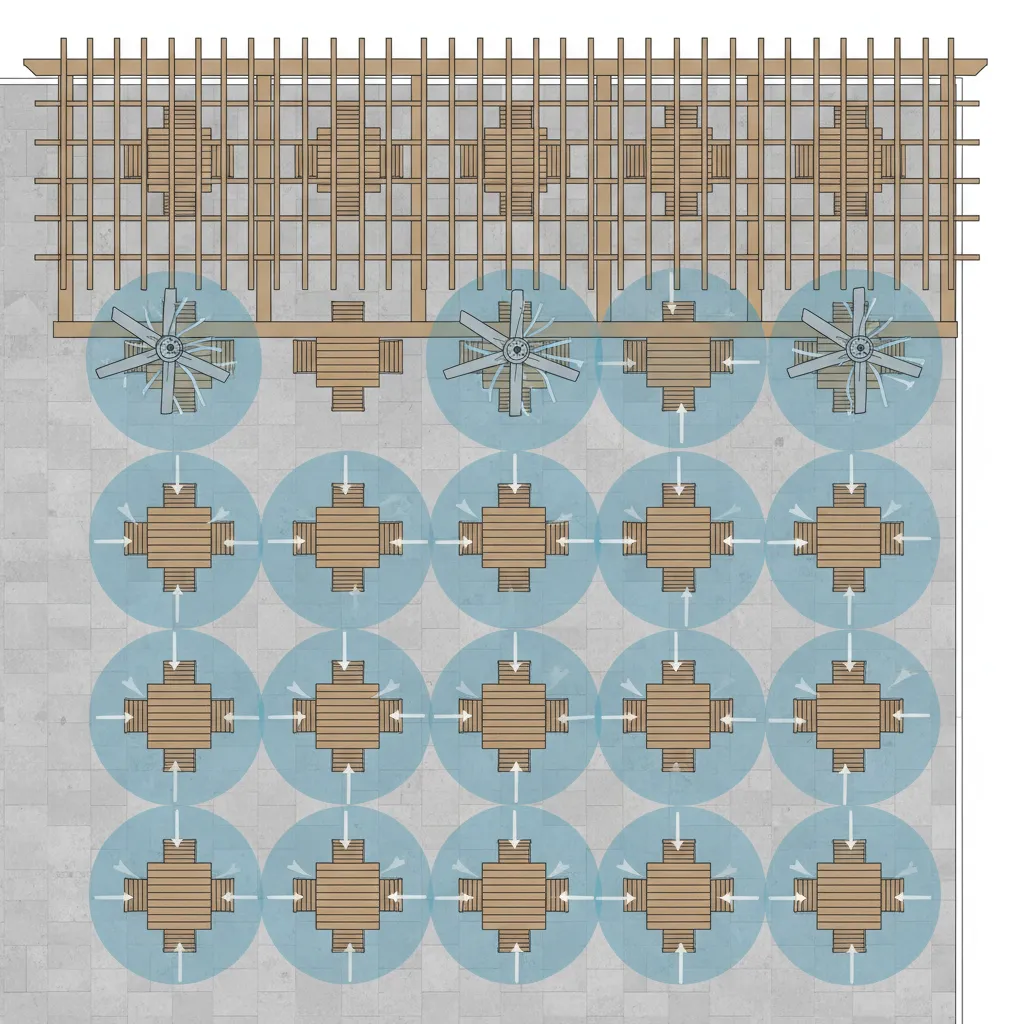 Diagram style layout showing airflow coverage of outdoor ceiling fans across restaurant patio tables