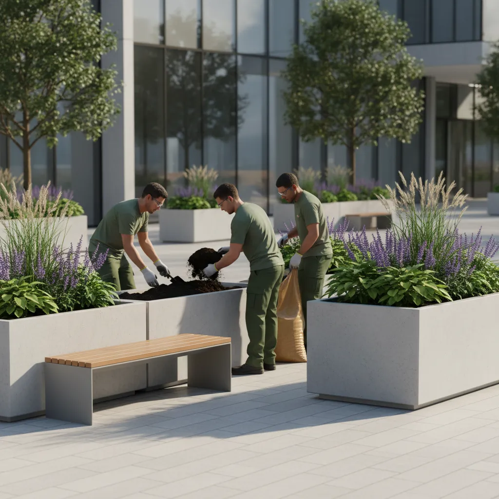 workers replacing soil in large commercial outdoor planters
