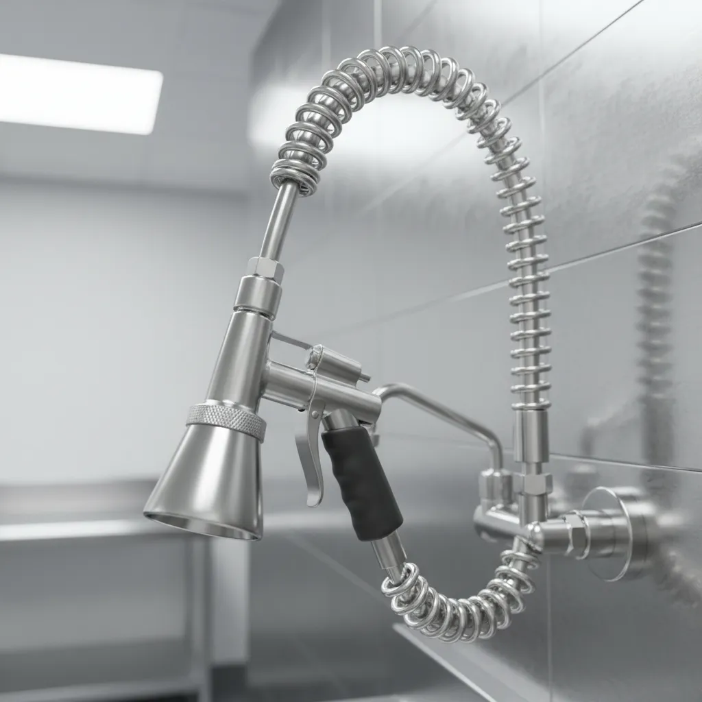 Close up of commercial pre rinse sprayer valve and hose assembly