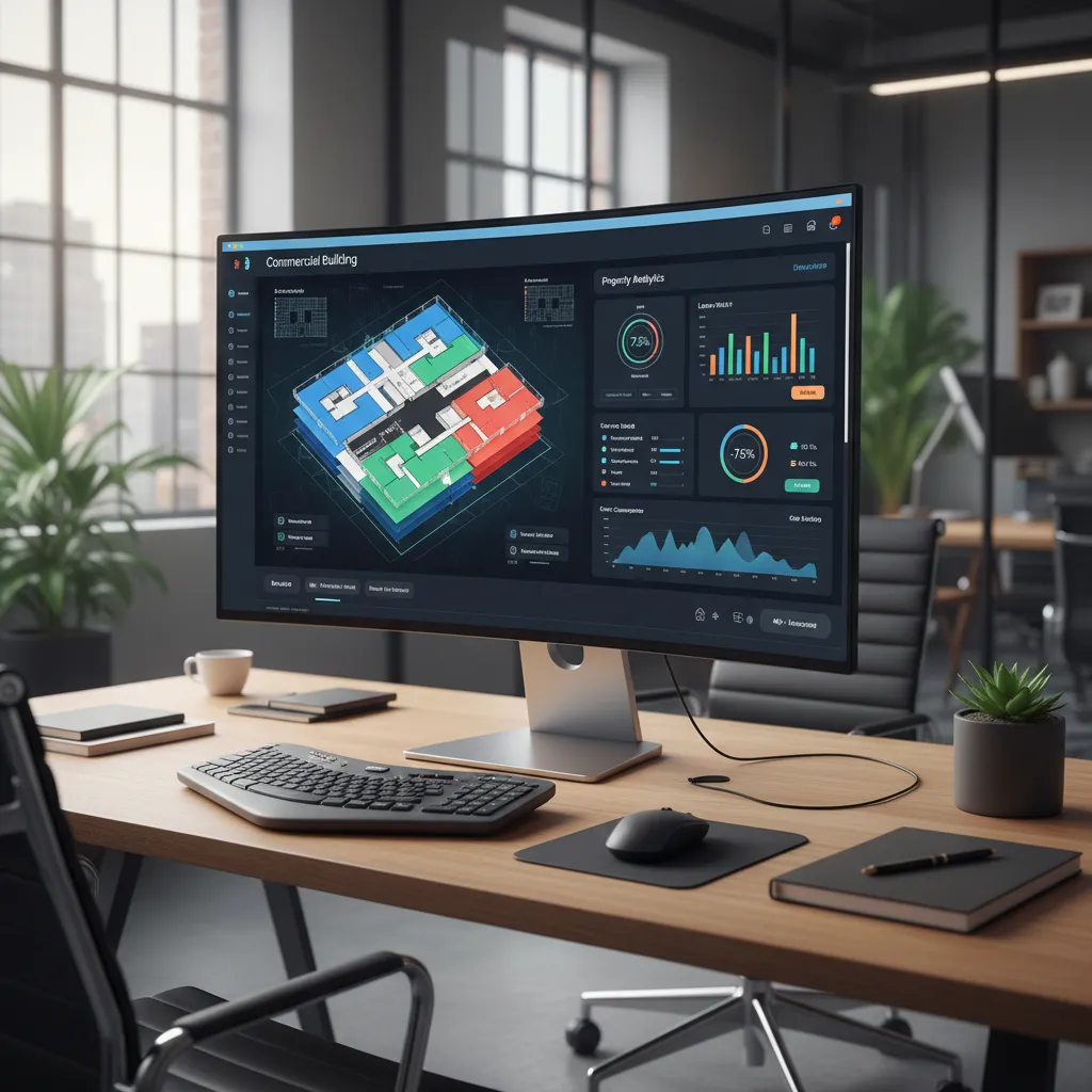 digital platform displaying office building floor plans and property data dashboard