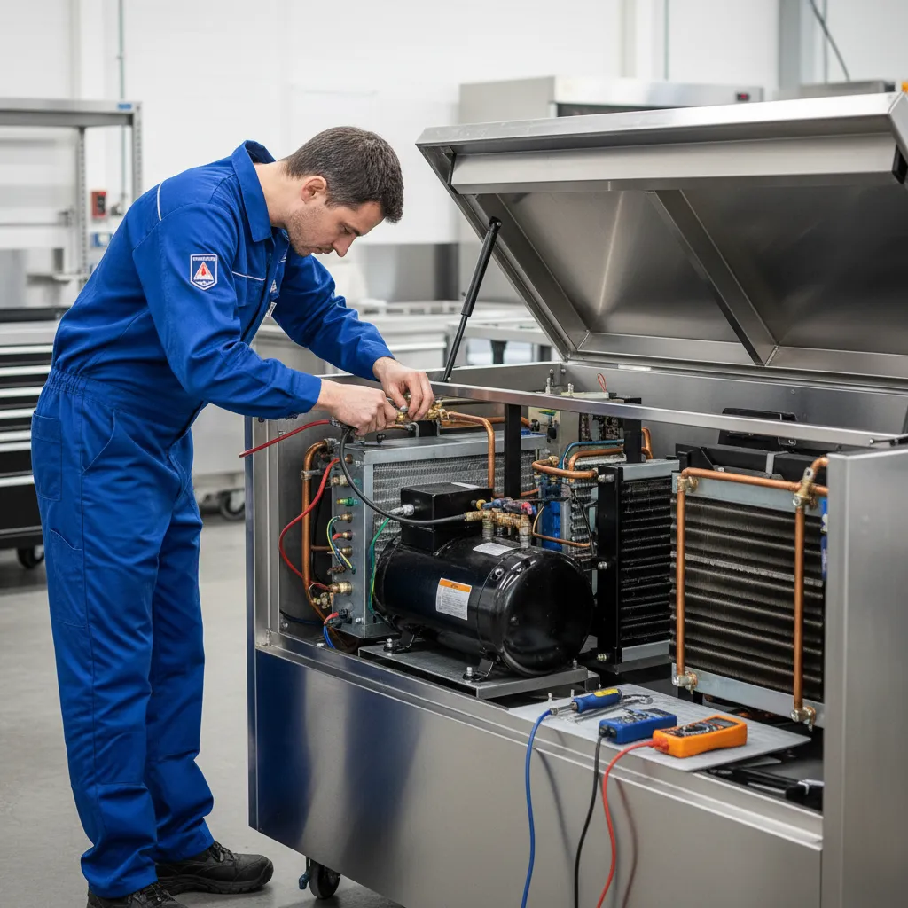 Technician servicing compressor of commercial refrigerated display cabinet