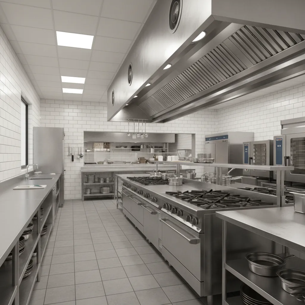 Professional restaurant kitchen with stainless steel cooking equipment