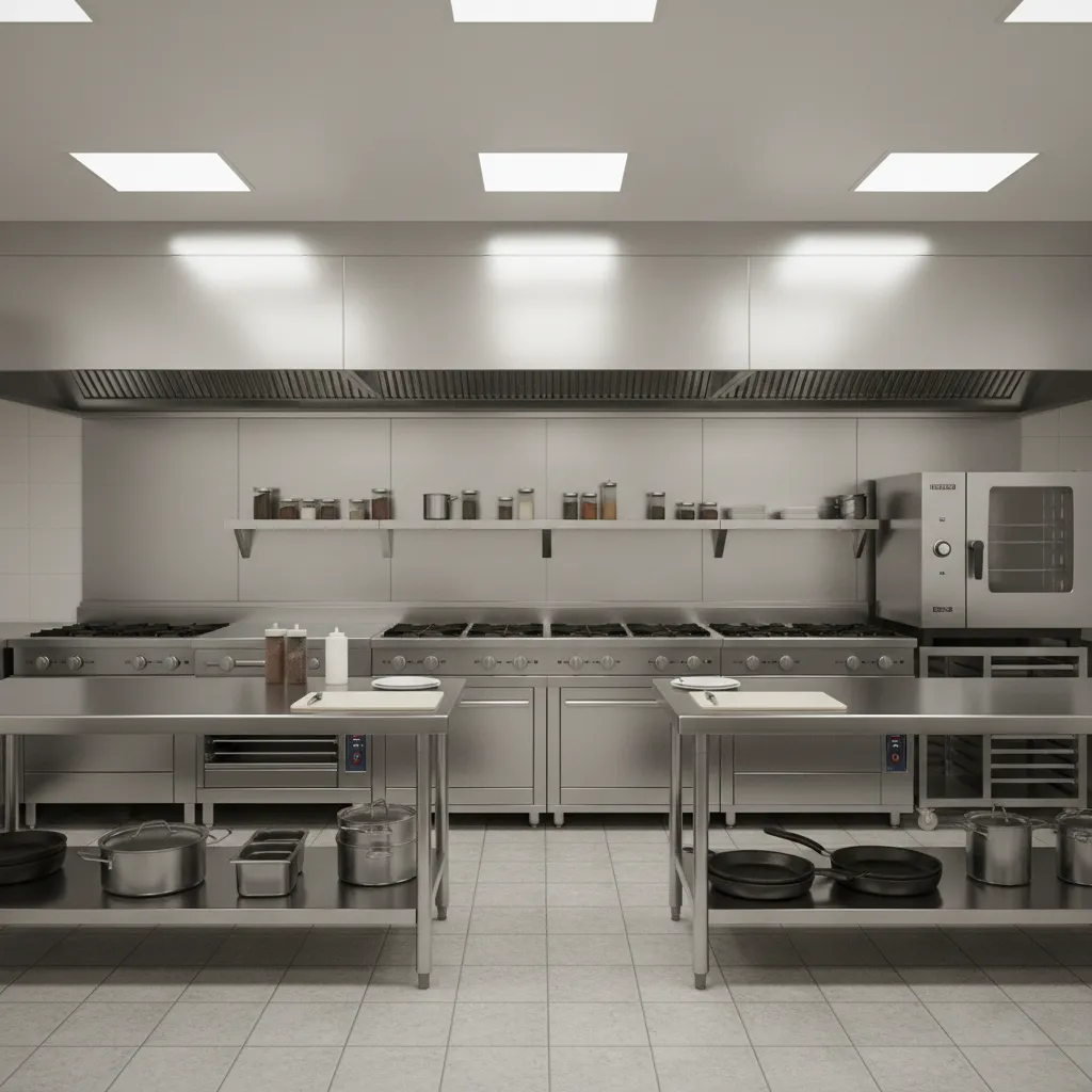 professional stainless steel restaurant kitchen interior with cooking line and prep area
