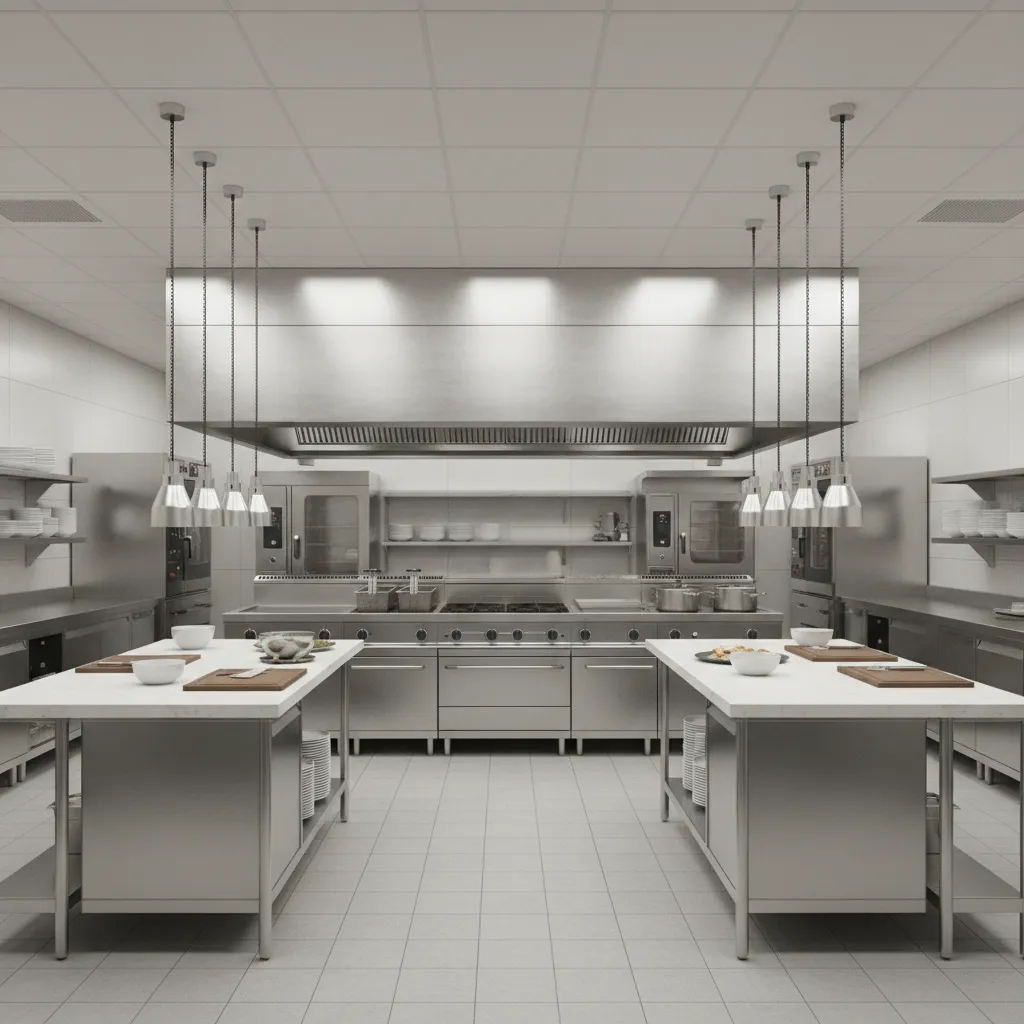 Professional restaurant kitchen interior with cooking stations and prep counters
