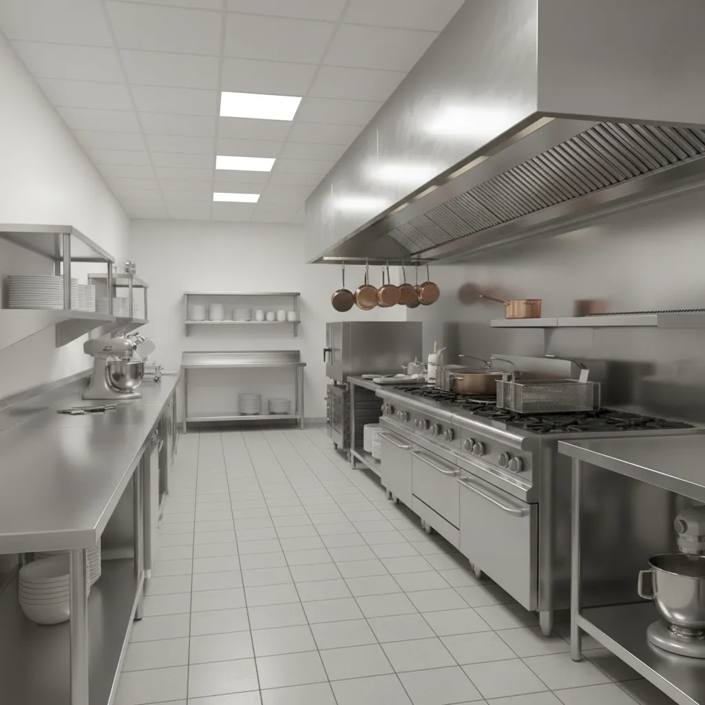 professional restaurant kitchen with cooking line and stainless steel prep counters
