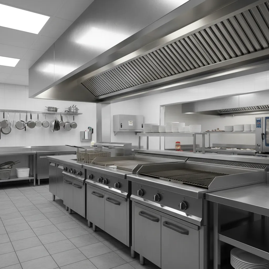 large stainless steel restaurant ventilation hood above cooking line