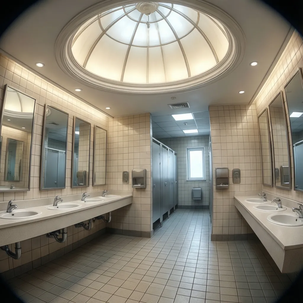 Commercial restroom ceiling with dome light fixture providing overhead lighting