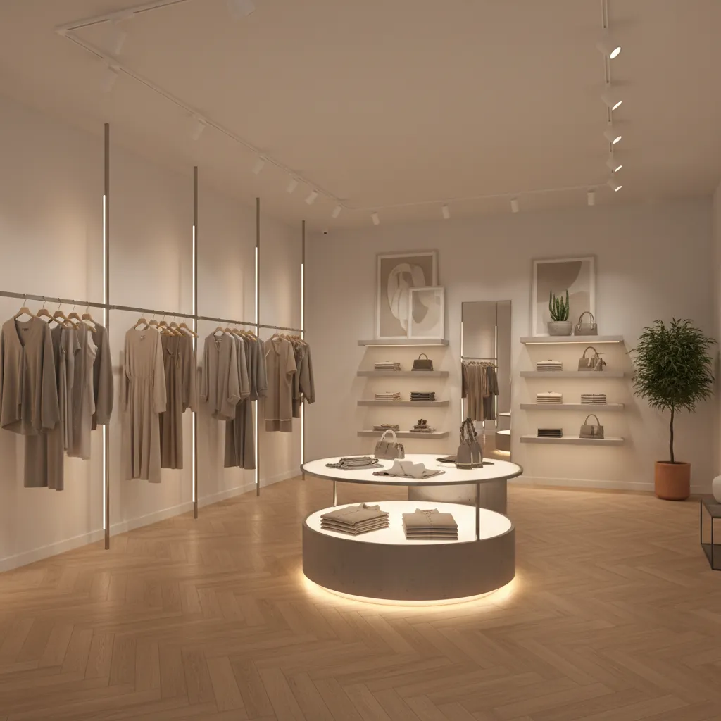 Boutique retail store interior with durable vinyl plank flooring and display shelving