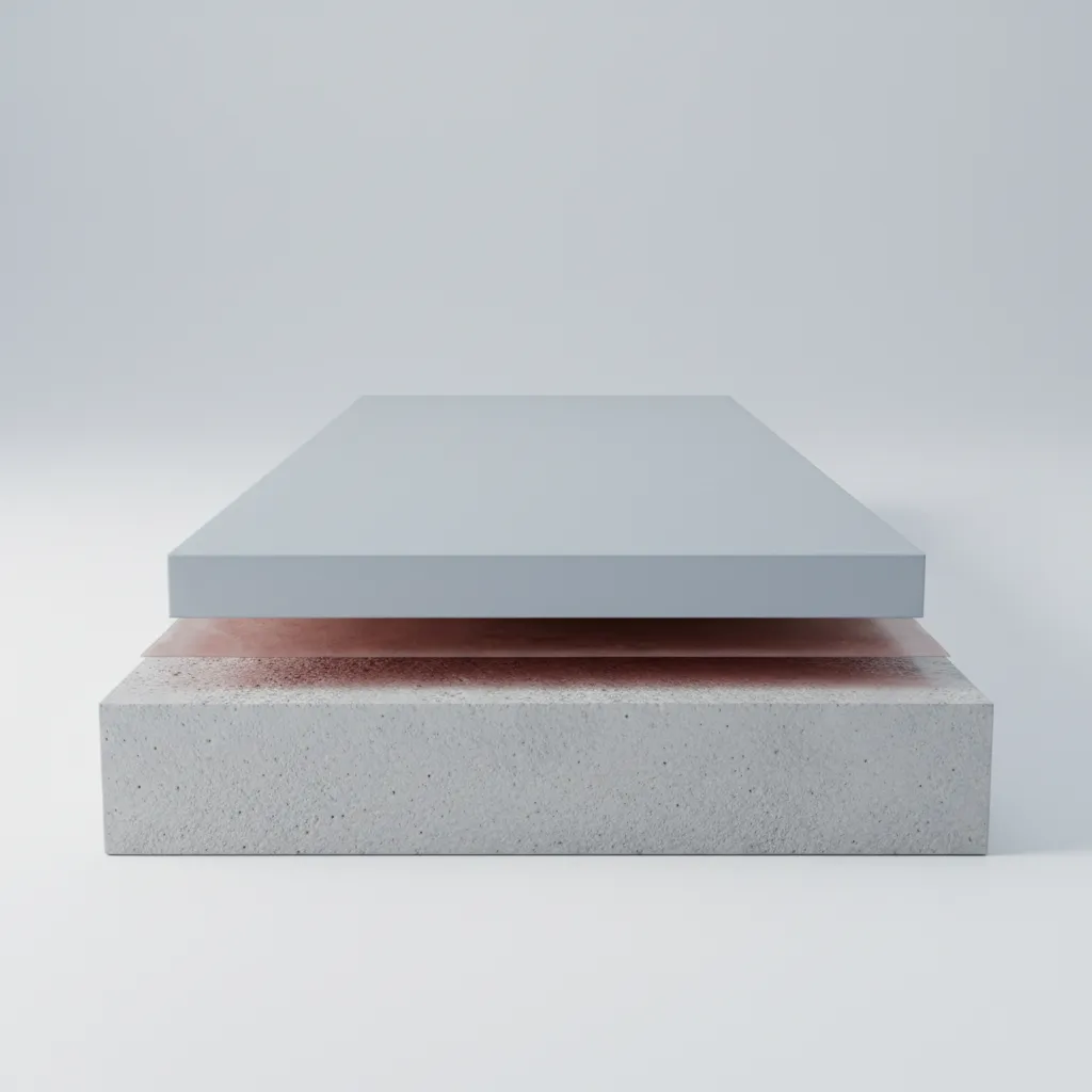 Diagram style visualization of roof coating layers applied on a concrete roof surface