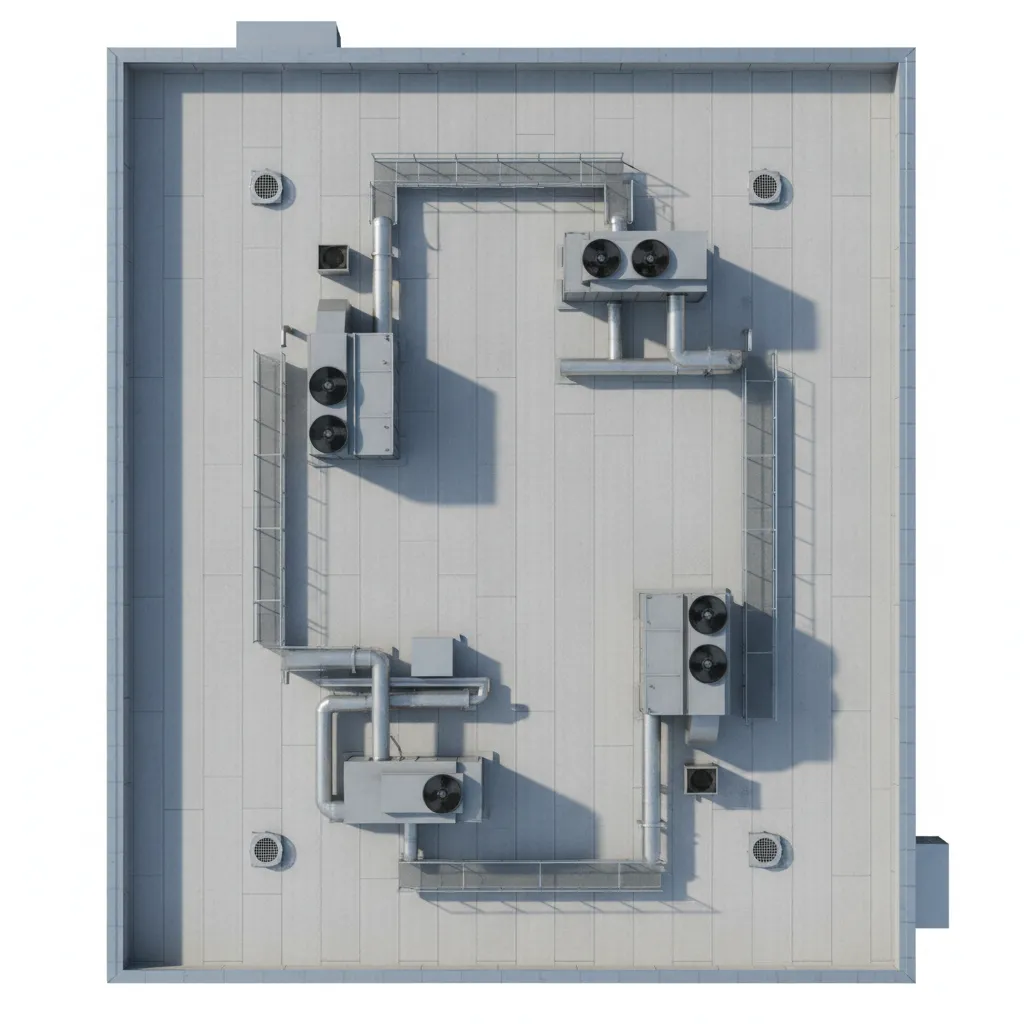 Commercial flat roof layout with HVAC units and drainage systems