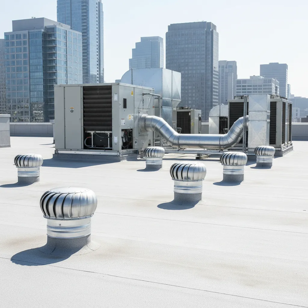 metal gooseneck roof vents installed on a commercial building roof