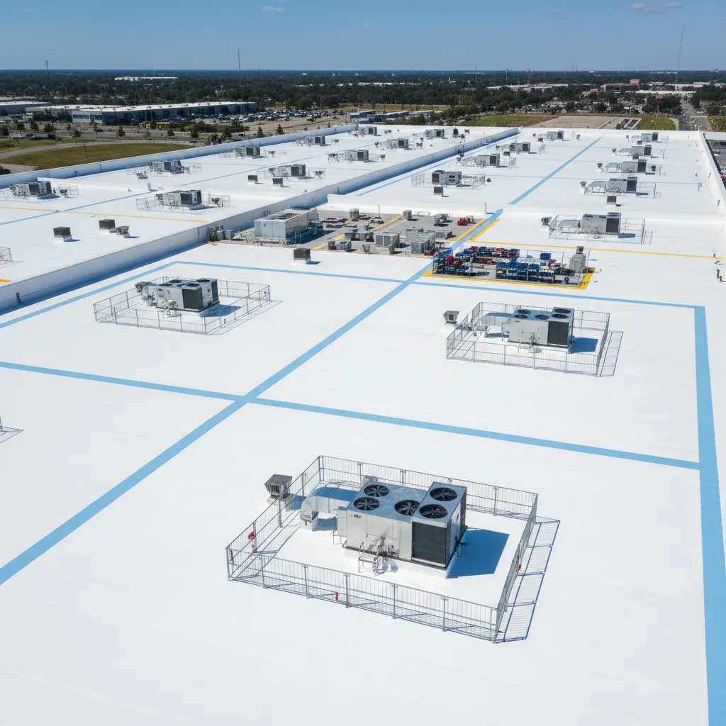commercial roof with reflective coating and marked maintenance walkways