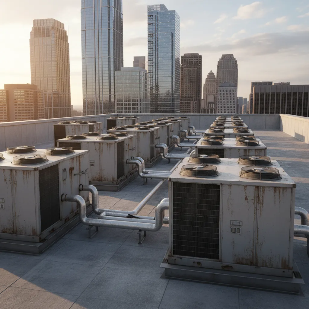 Commercial office rooftop with multiple HVAC outdoor units arranged in mechanical zone
